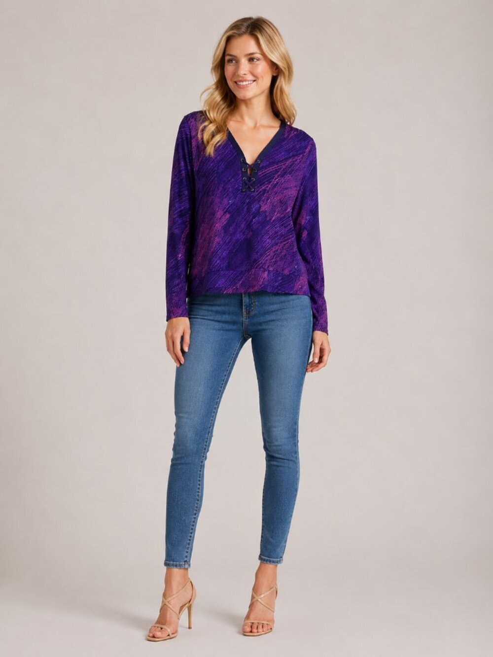 NWT White House Black Market Long Sleeve Lace Up Top Abstract Deep Amethy